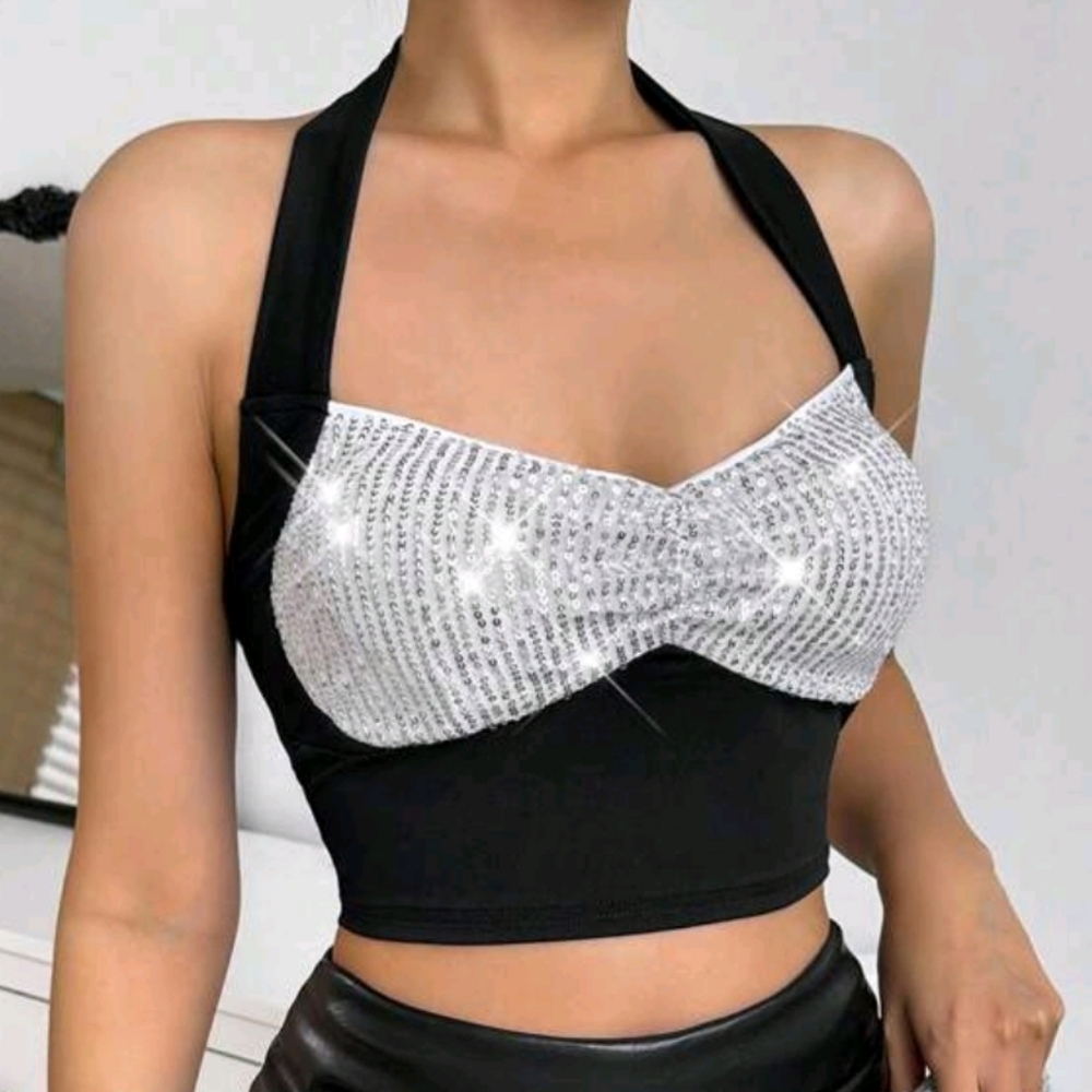 SHEIN Black and Silver Halter Crop Top